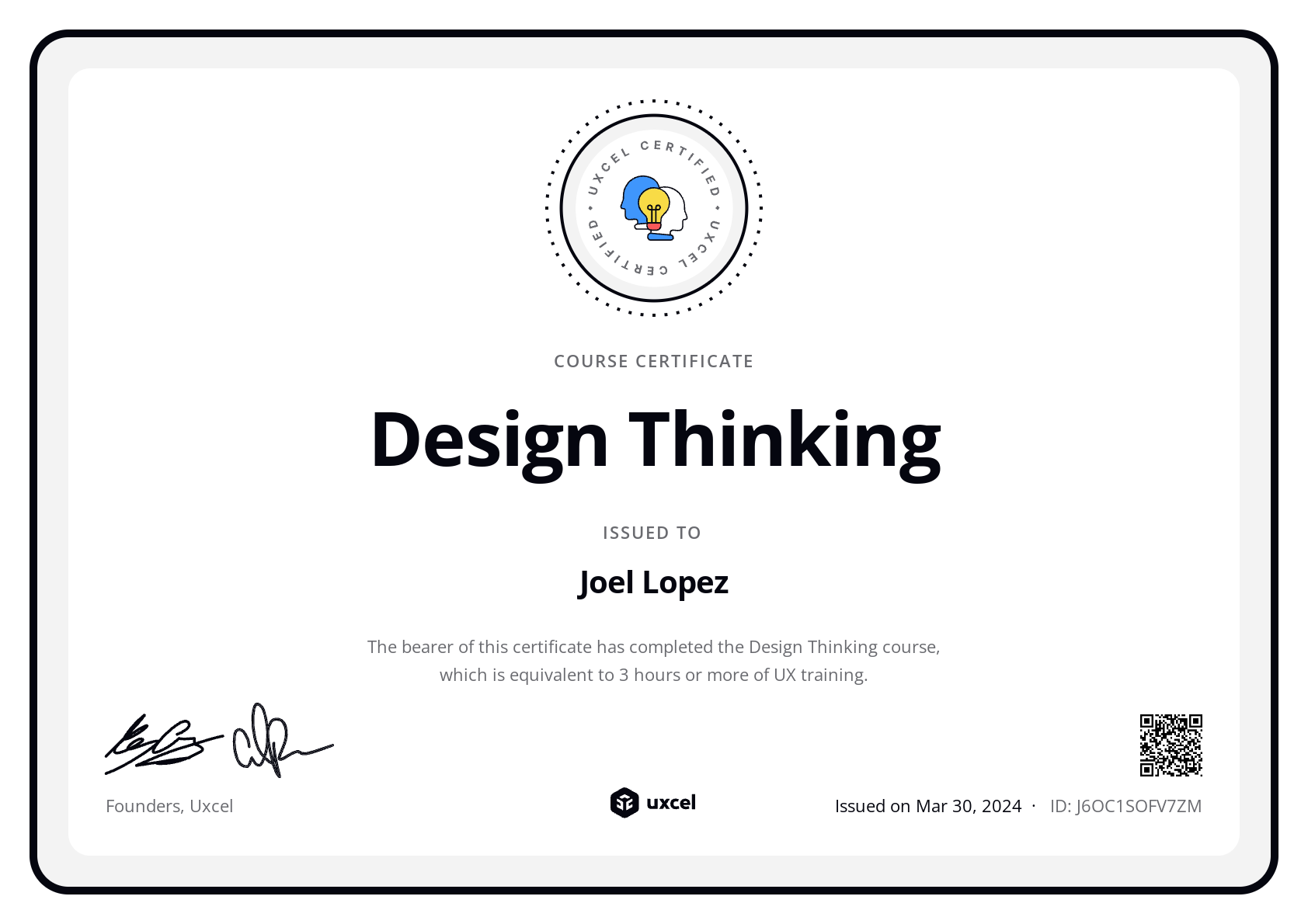 Joel Lopez's certificate